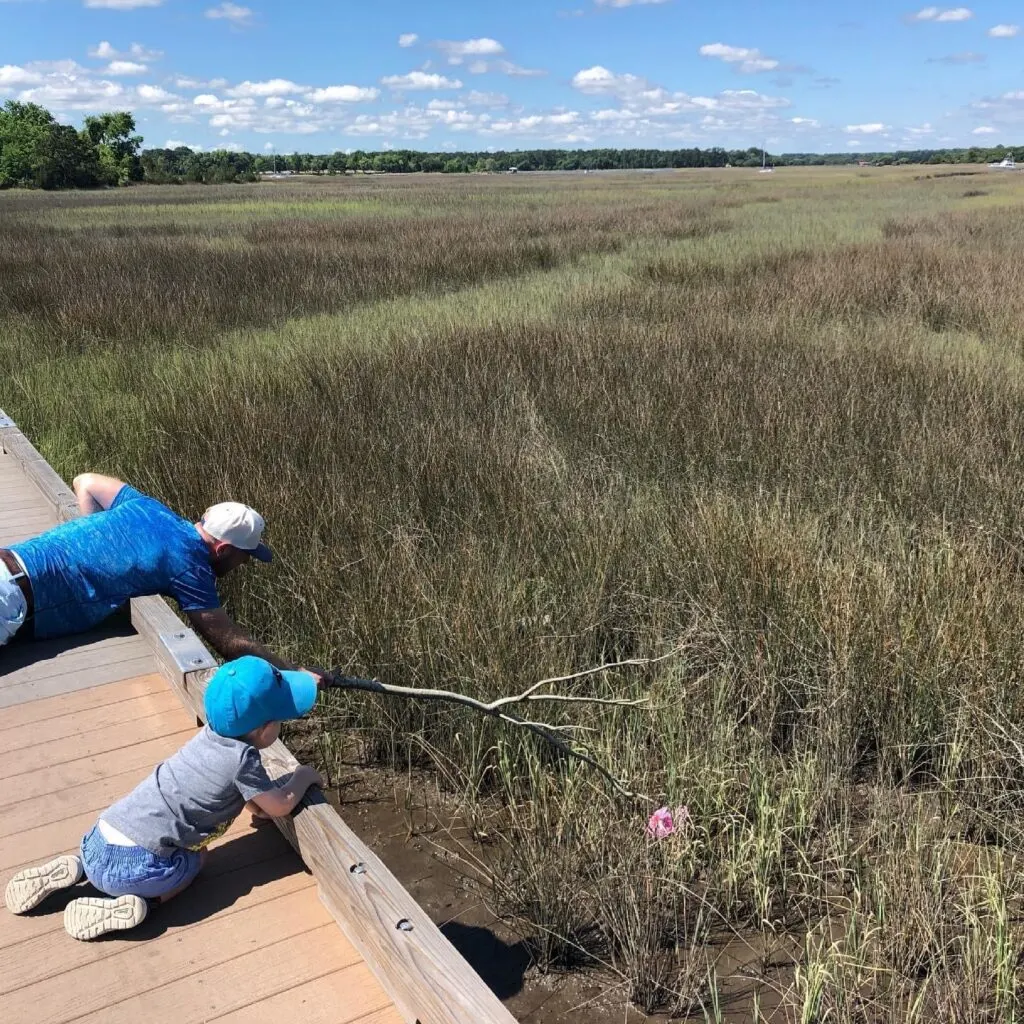 fishing a baby hat out of the mud