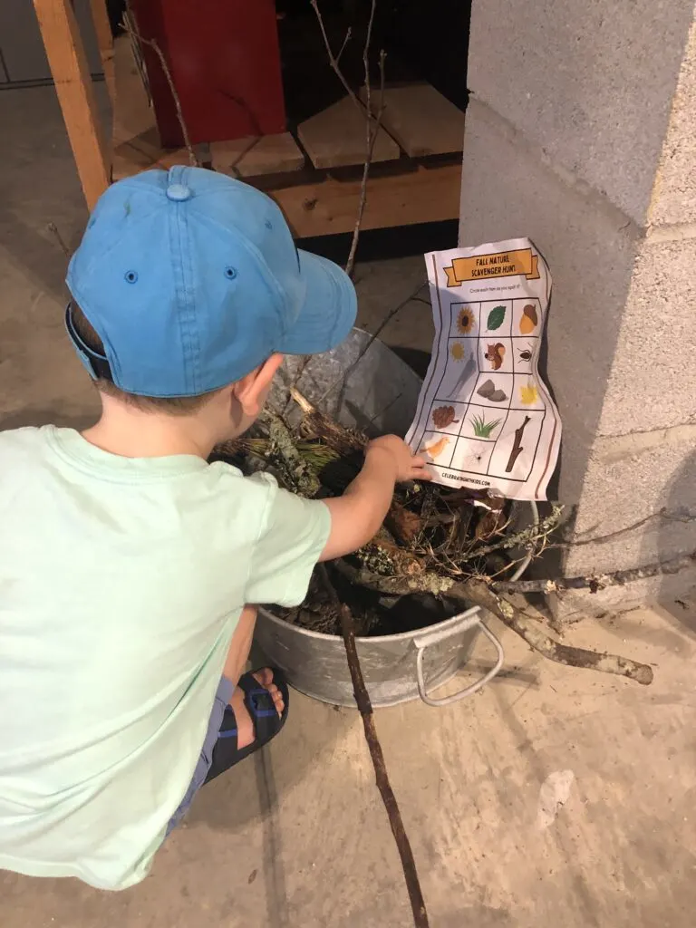 toddler putting nature items in a bucket