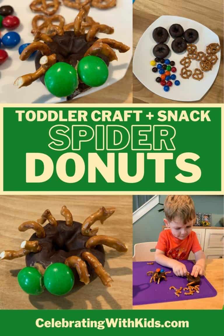 Easy Mini Chocolate Donut Spiders Halloween craft for preschoolers! Celebrating with kids