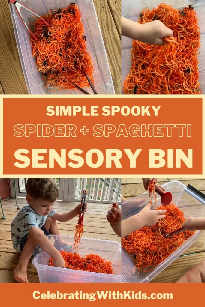 simple and spooky spider and spaghetti sensory bin