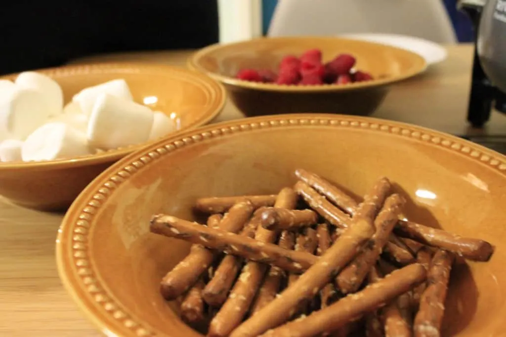 bowls of pretzels and marshmallows