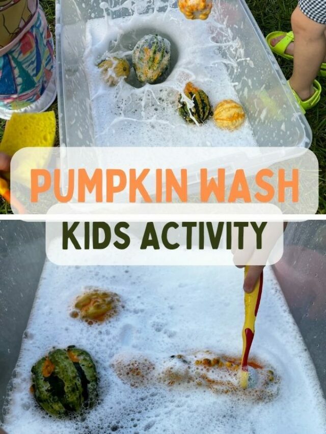 Pumpkin wash fall sensory bin for kids