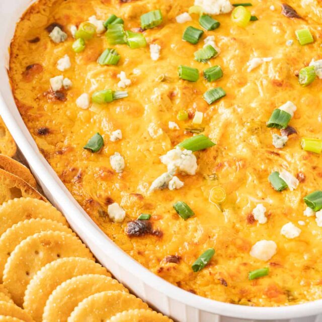 34 Best Dips To Serve With Chips For A Party Celebrating With Kids   Franks Red Hot Buffalo Chicken Dip Featured Image 640x640 