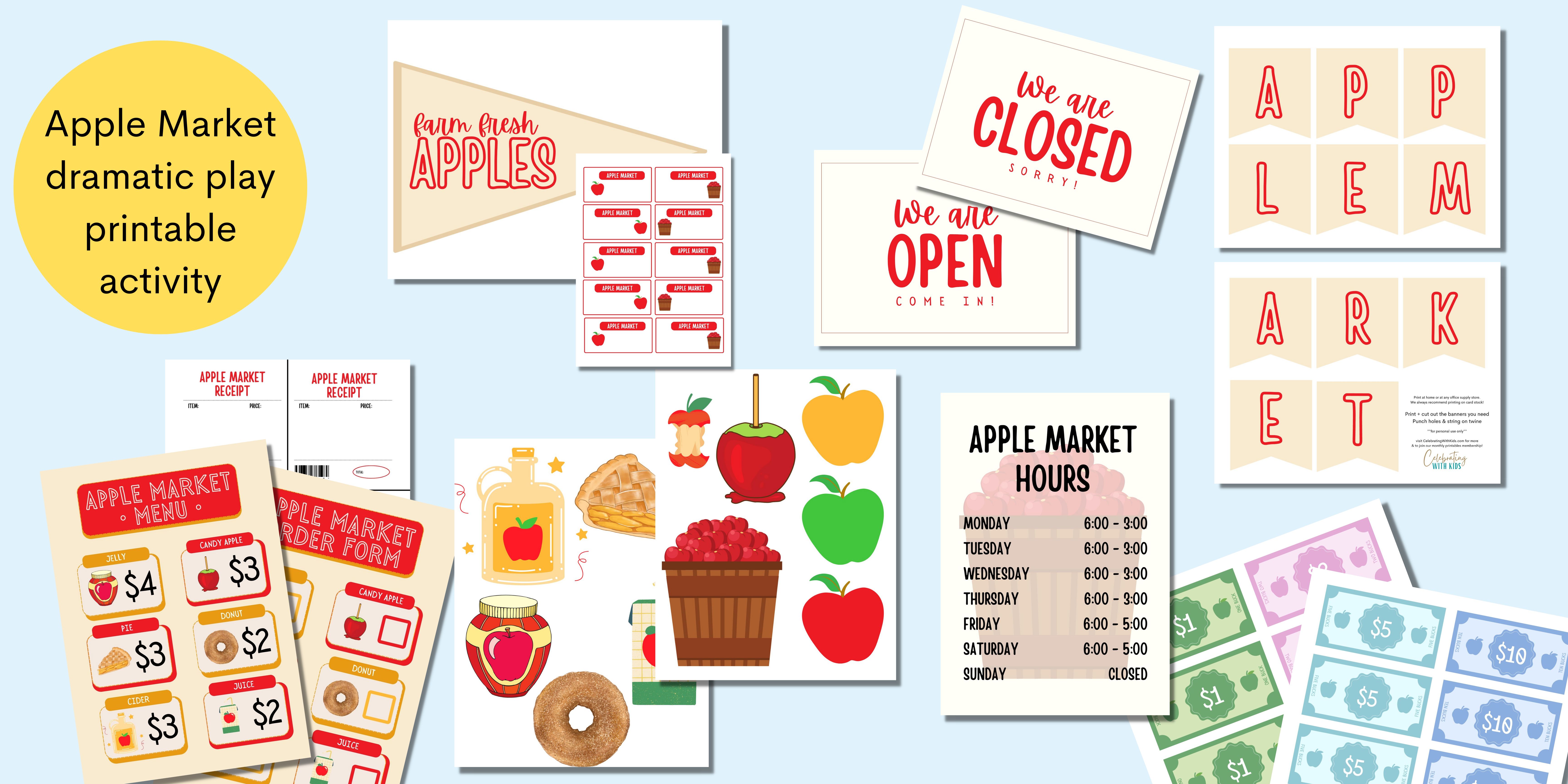 Apple Market dramatic play printable activity banner