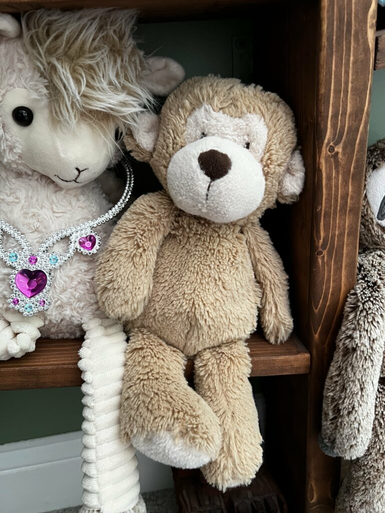 stuffed monkey on a shelf