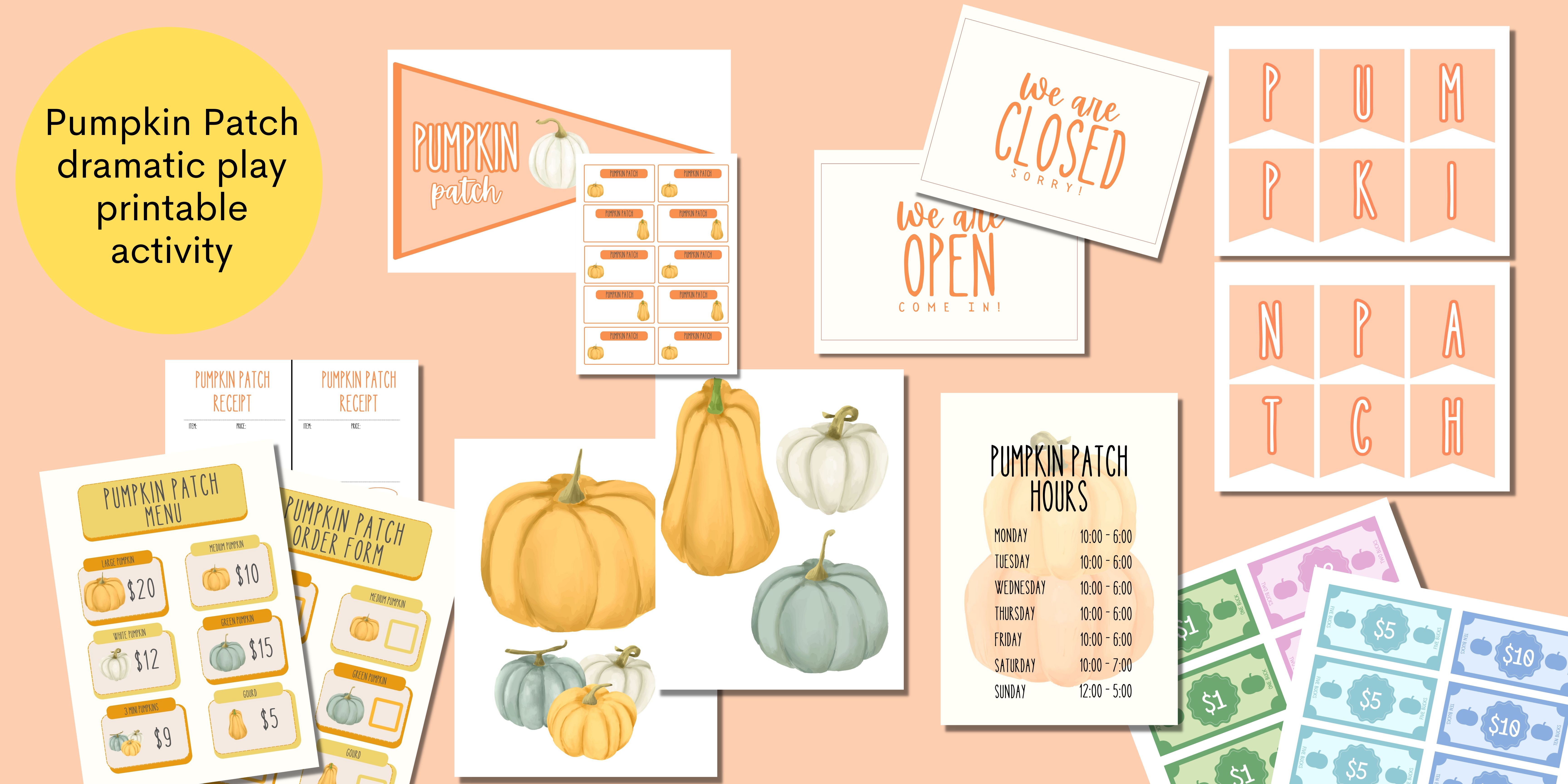 Pumpkin Patch dramatic play printable activity banner