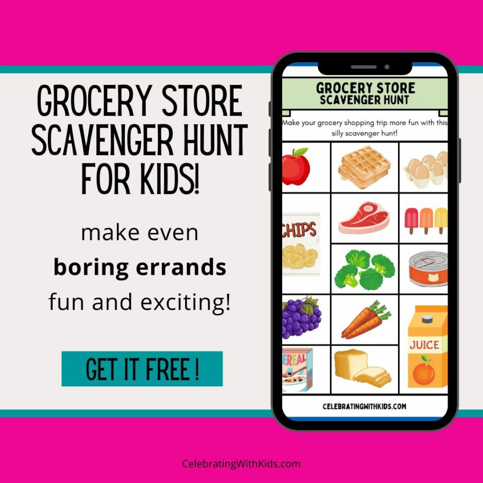 Grocery Store Scavenger Hunt for kids free printable! Celebrating