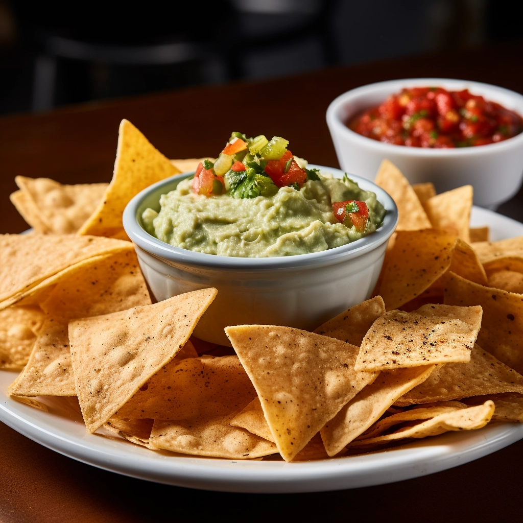 white corn chips with salsa and guac