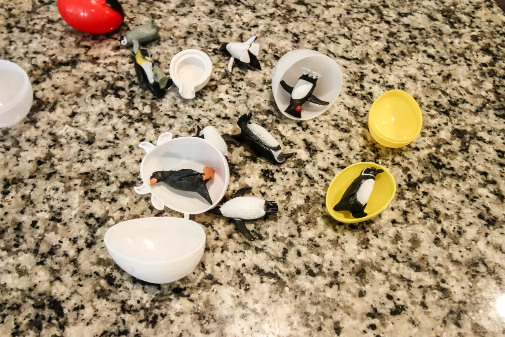 plastic penguins and easter eggs