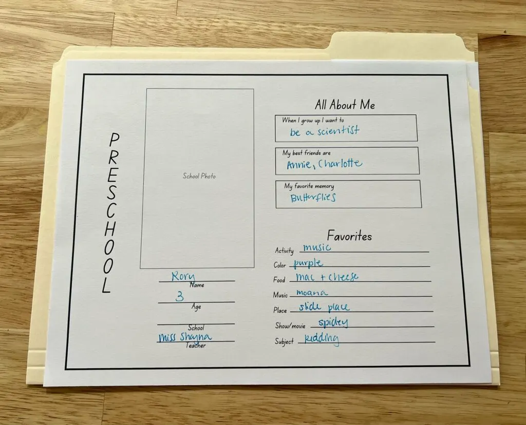 school memory box printable on a manila folder