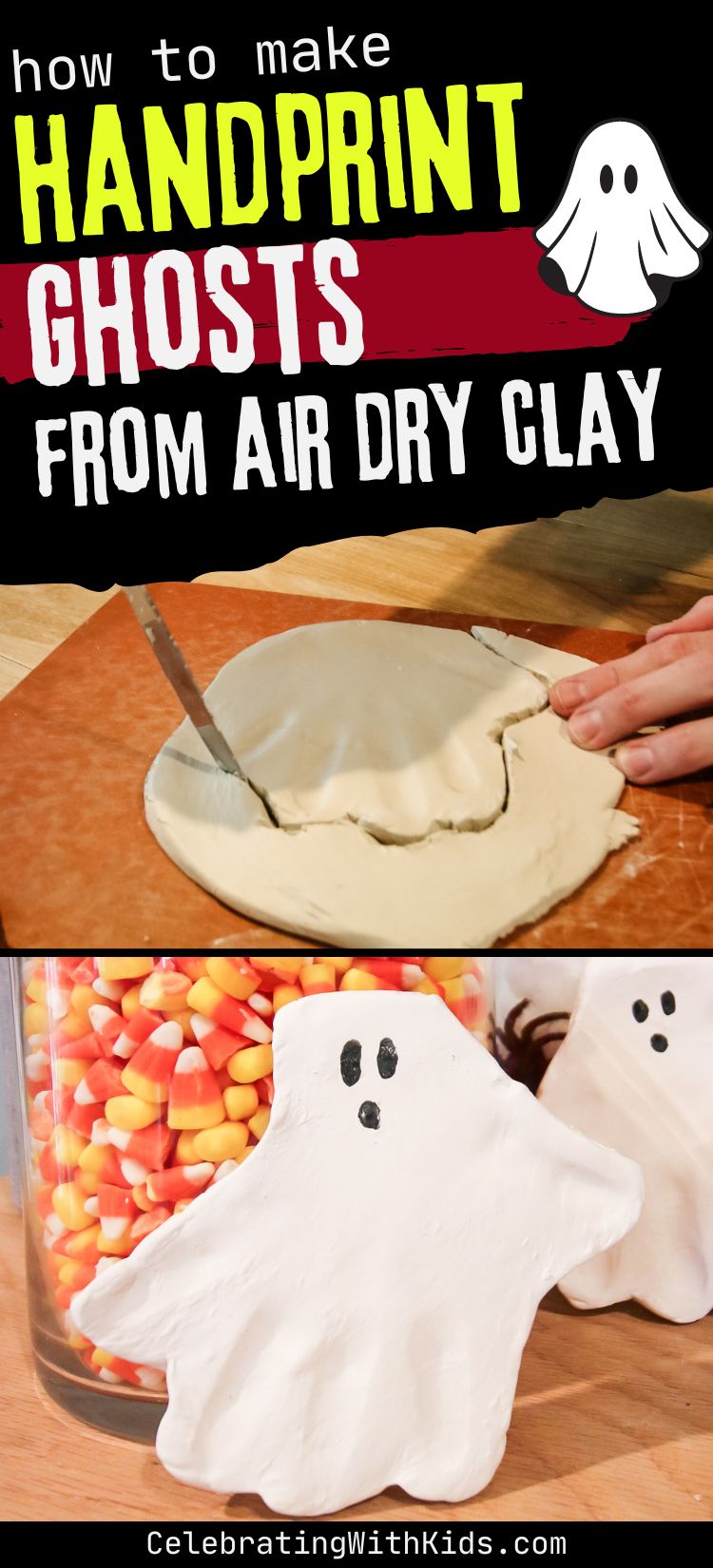 DIY air dry clay handprint ghosts halloween craft for kids