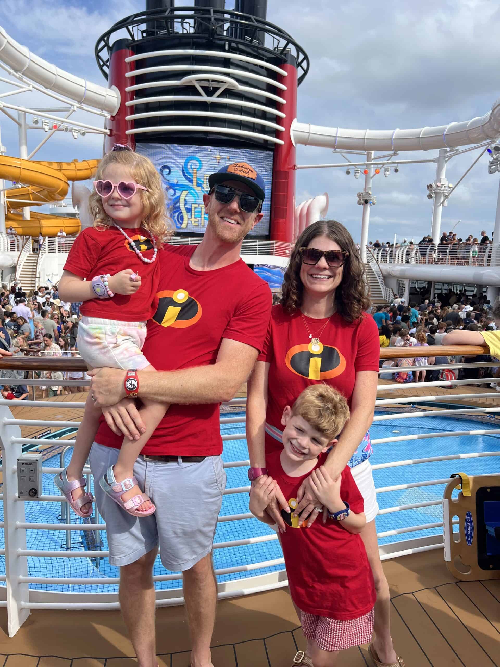 family in incredibles shirts on the disney treasure