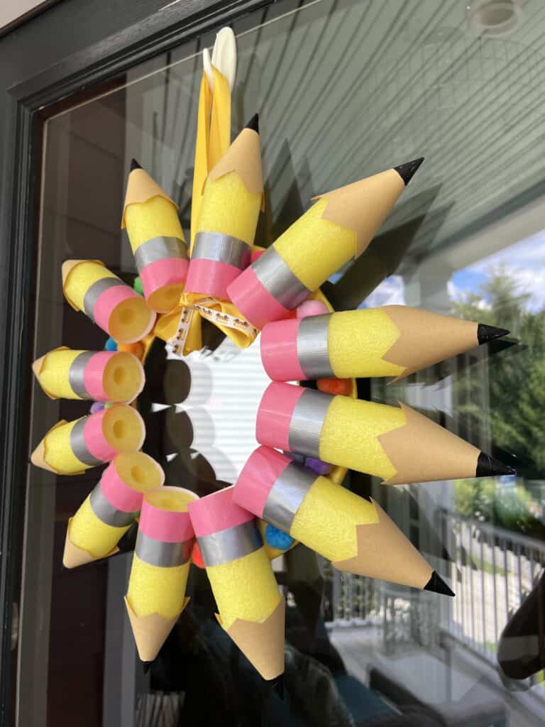 easy DIY pool noodle pencil wreath for the first day of school