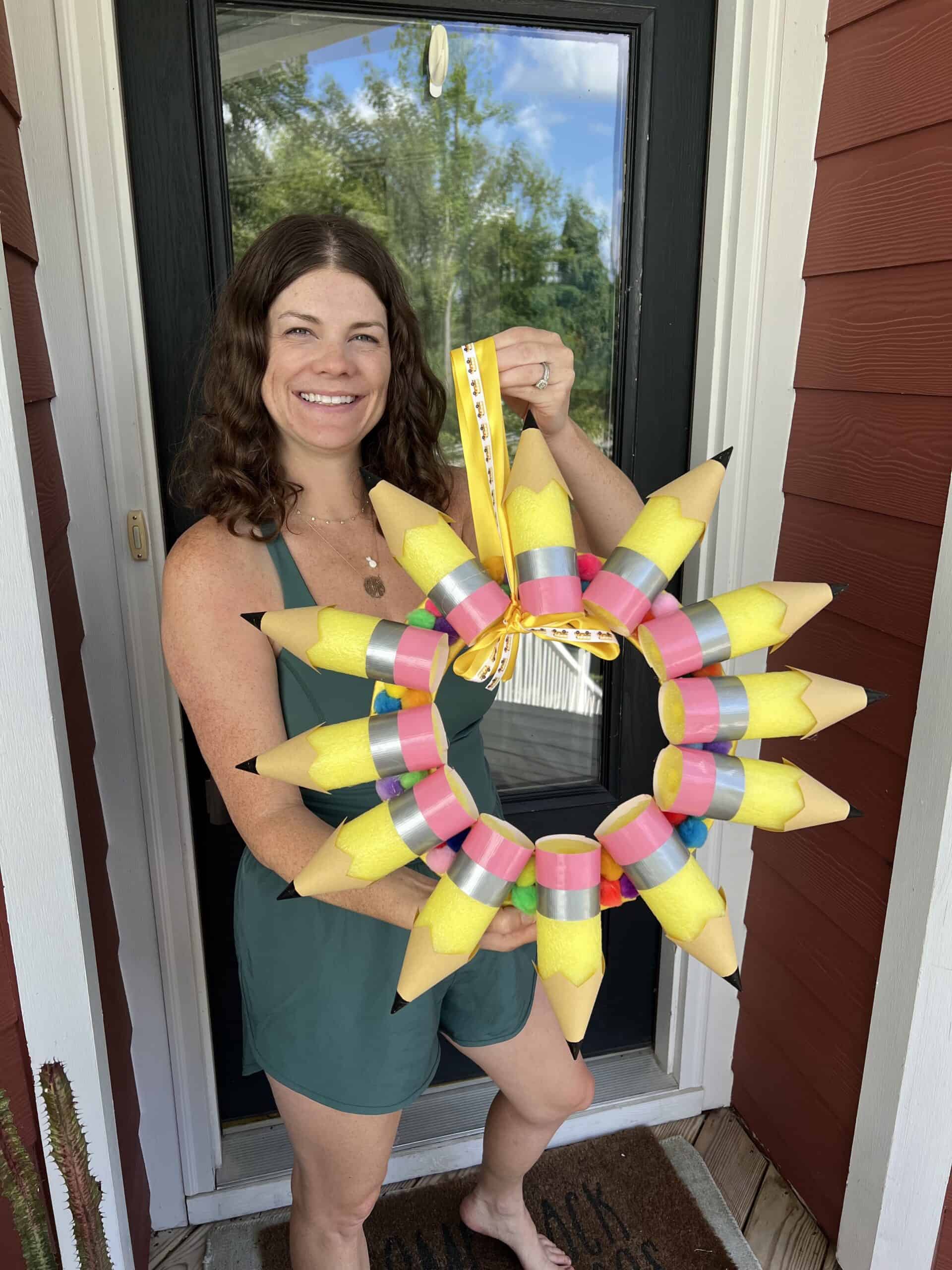 easy DIY pool noodle pencil wreath for the first day of school