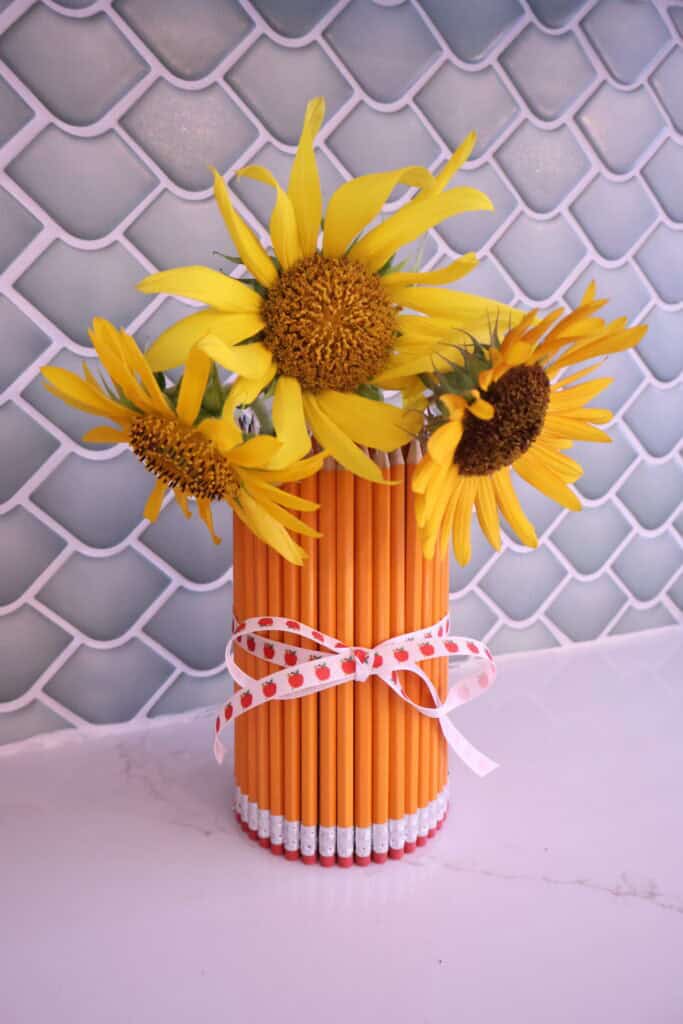 pencil vase with sunflowers