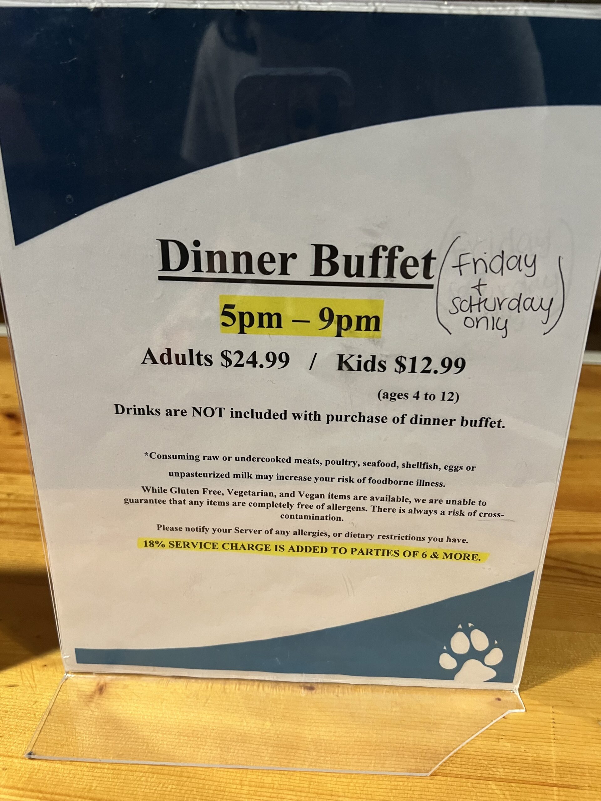 dinner buffet sign at concord charlotte NC Great Wolf Lodge