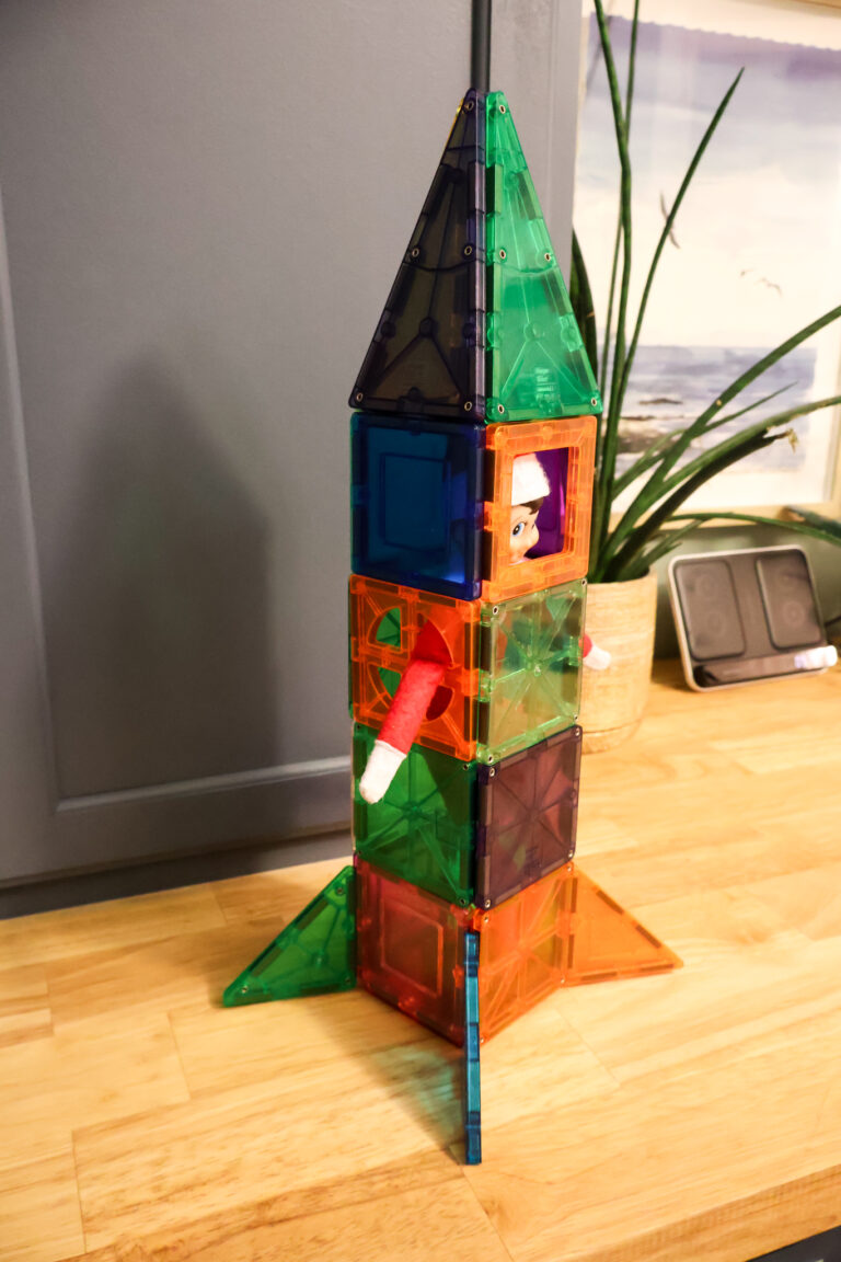 Elf on the Shelf Idea: Magnetic Tile Rocket - Celebrating with kids