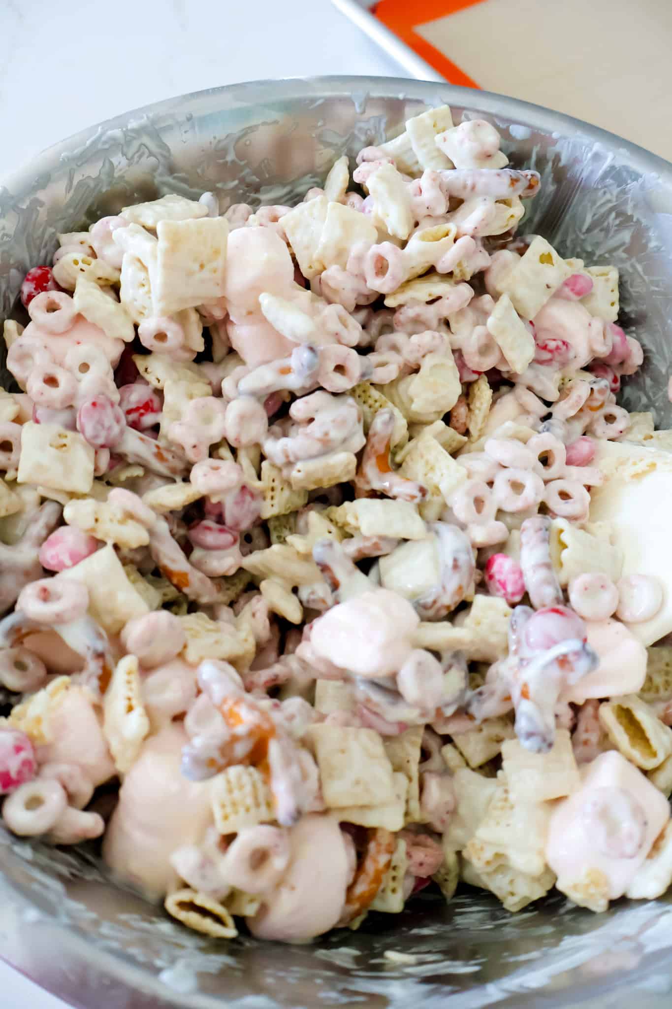 making valentines day trail mix