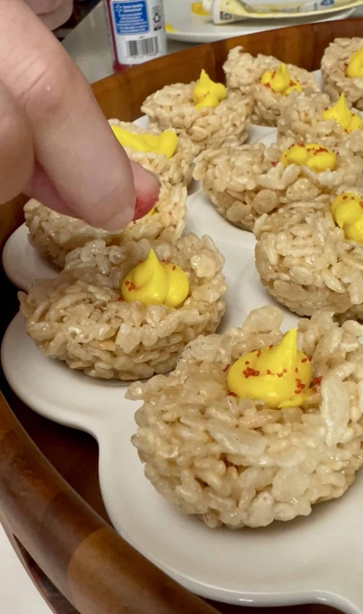 decorating rice crispy deviled eggs