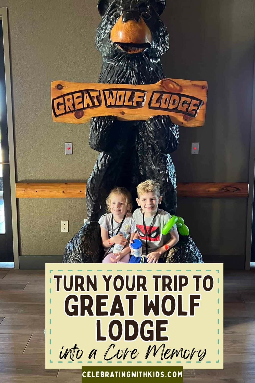 Kids enjoying their trip at Great Wolf Lodge with a large bear statue in the background.