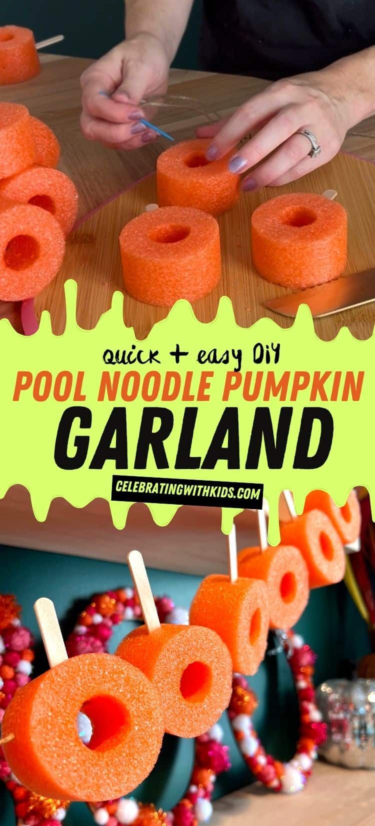 DIY pool noodle pumpkin garland